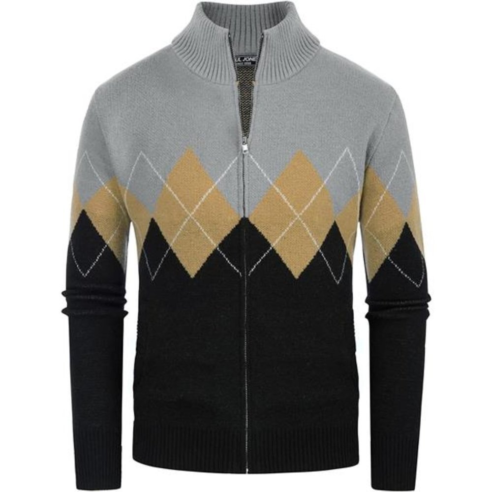 Men's Full Zip Cardigan Sweaters Argyle Stand Collar Knitwear
